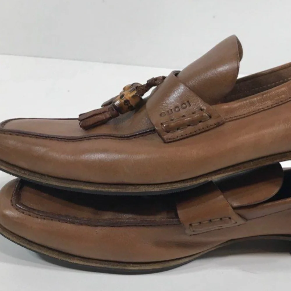 Men’s Gucci Dark Tan Leather Tassel Slip On Loafers Size 8.5D